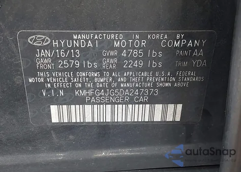 2013 Hyundai Azera из США, поврежденный, VIN KMHFG4JG5DA247373